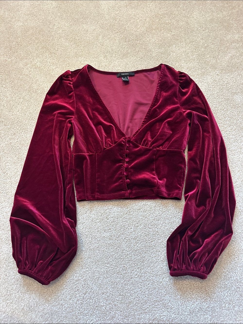 Forever 21 Wine Red Velvet Button-Front V-Neck Cropped Blouse